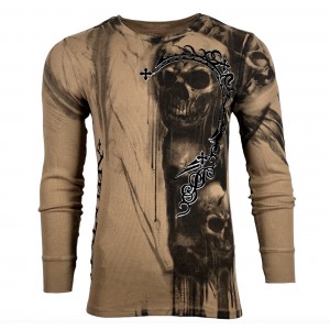 Футболка с длинным рукавом 3XL AFFLICTION Men LONG SLEEVE THERMAL Shirt WALKING DEAD Skull Biker MMA Black